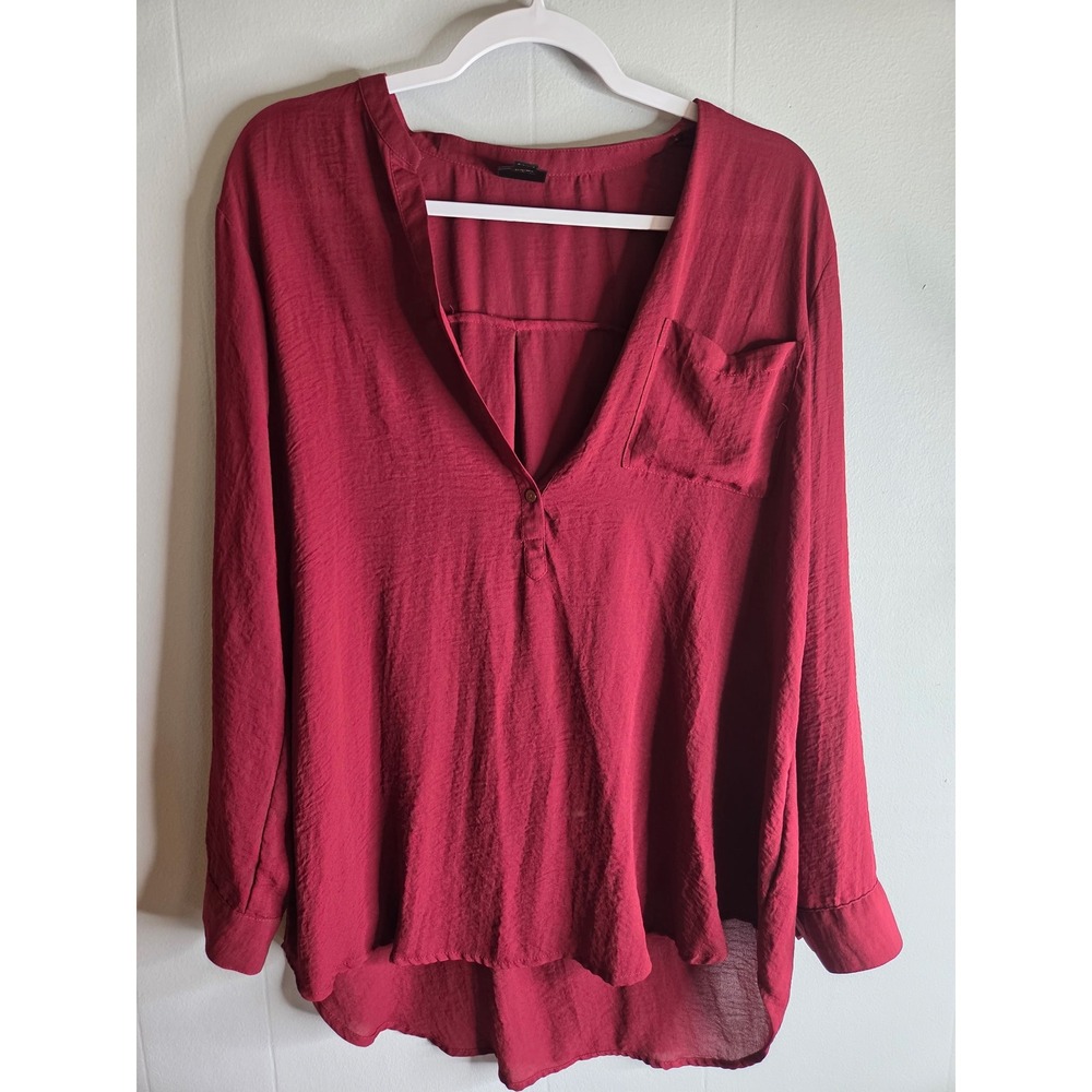Worthington Burgundy Textured V-Neck Henley Blouse Long Sleeve Top Large